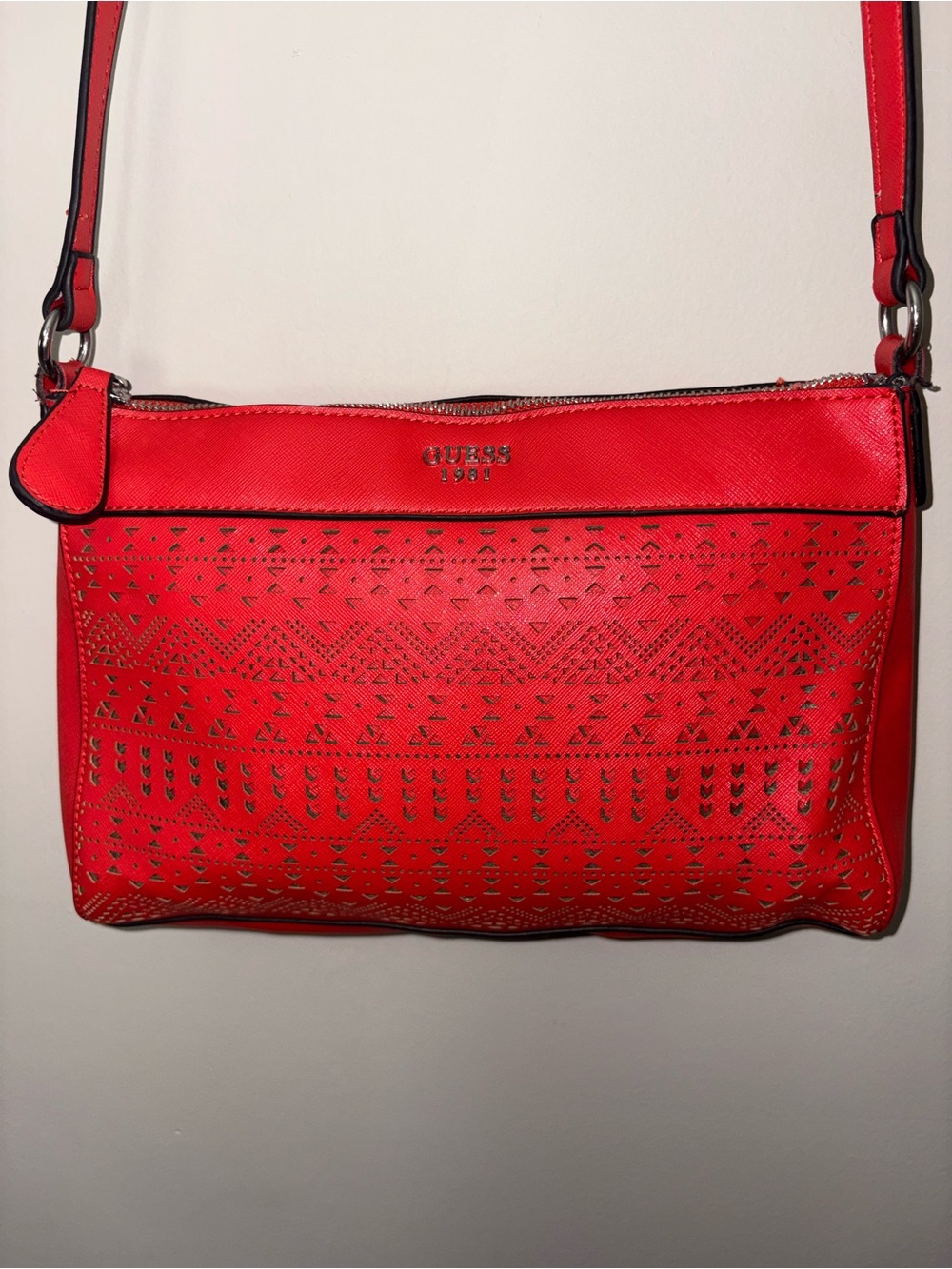 GUESS Red Laser-Cut Crossbody with Stud Detail - Picture 2 of 5